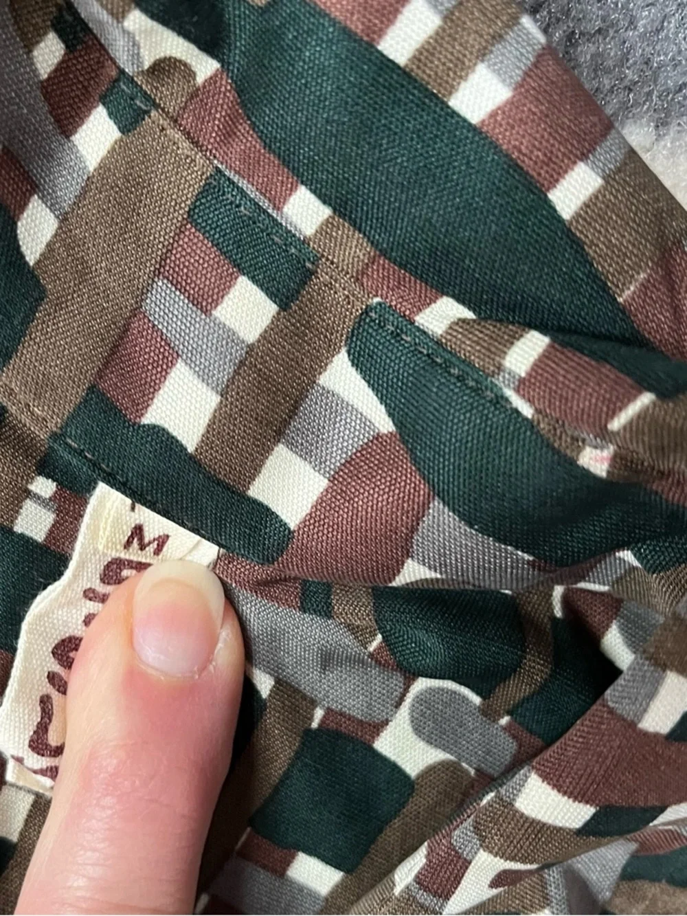 S SUNG Silk Button-Front Geometric Print Dress in Brown, Green & White Medium - Picture 10 of 16